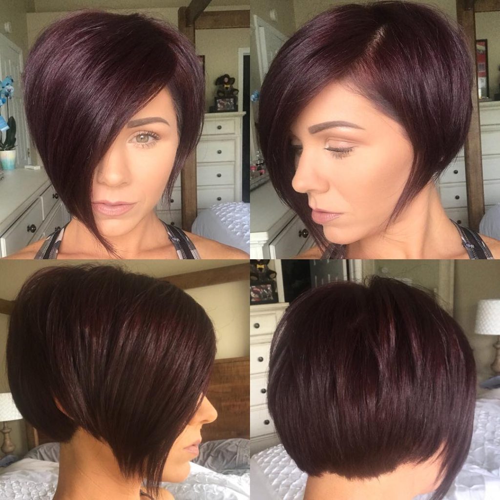 Burgundy Asymmetrical Pixie Bob with Side Swept Bangs and Fringe Short Hairstyle