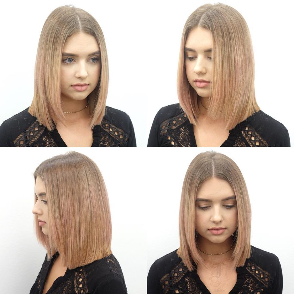 Long Blunt Bob with Front Layers and Blonde Ombre Color with Pink Tones Medium Length Hairstyle