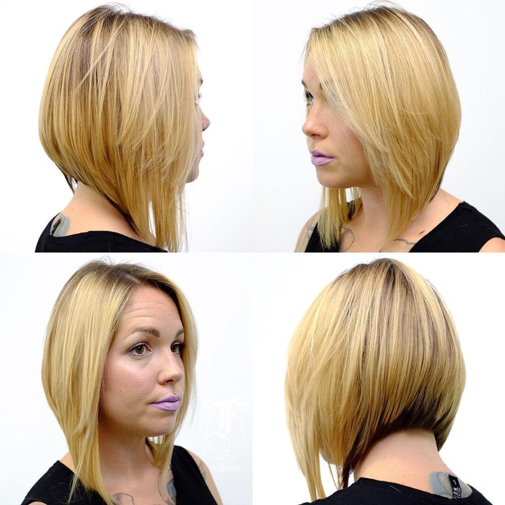 Textured Blonde A-Line Lob with Dark Under Color Medium Length Hairstyle