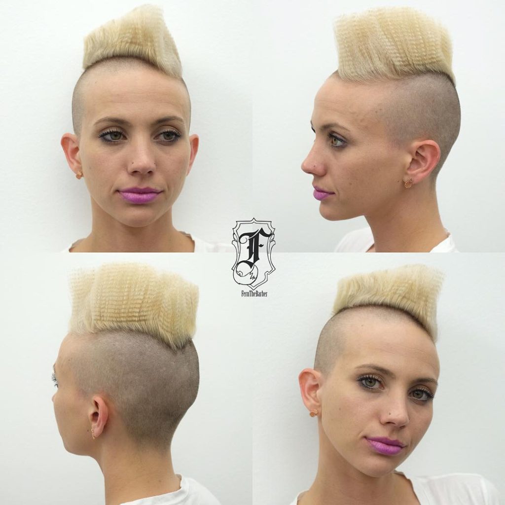 Angled Flattop Mohawk with Blonde Crimped Lengths Short Hairstyle
