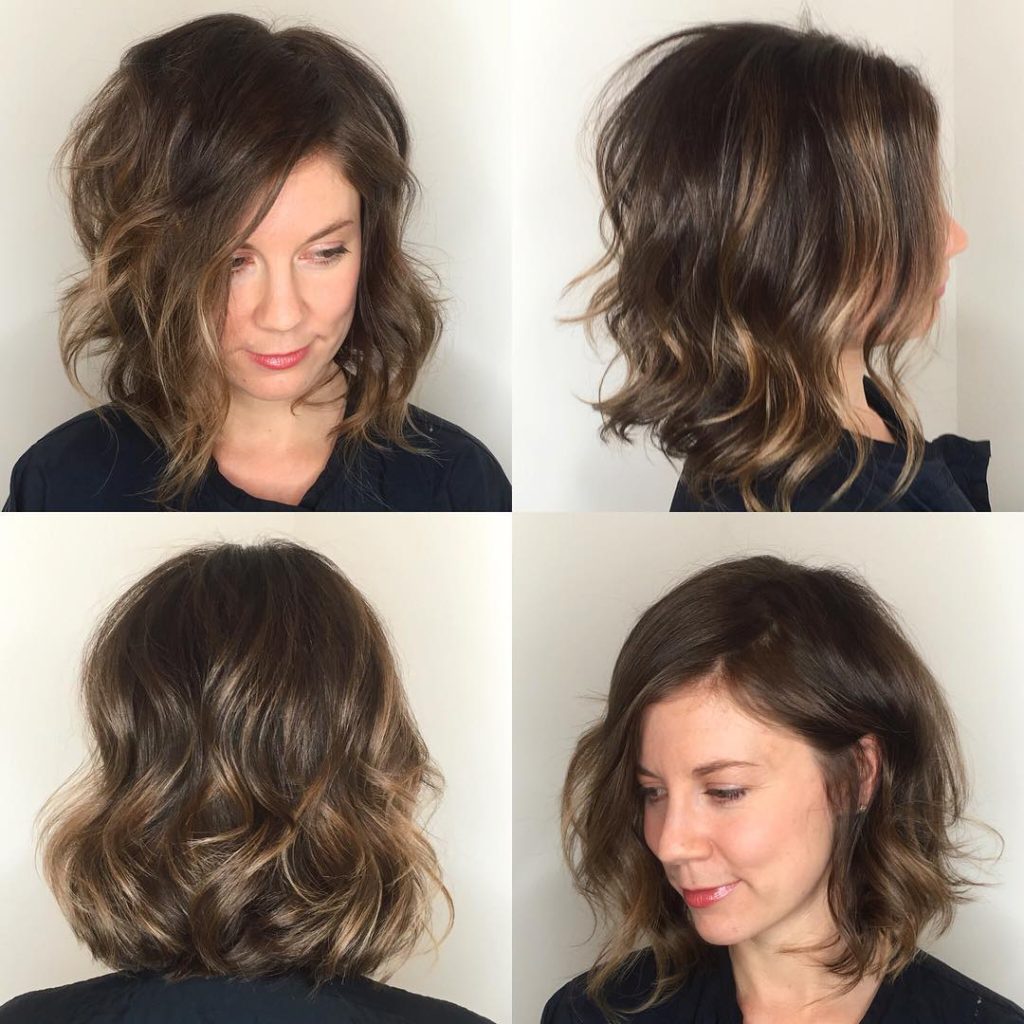 Angled Soft Layer Lob with Undone Wavy Texture and Subtle Brunette Balayage Medium Length Hairstyle