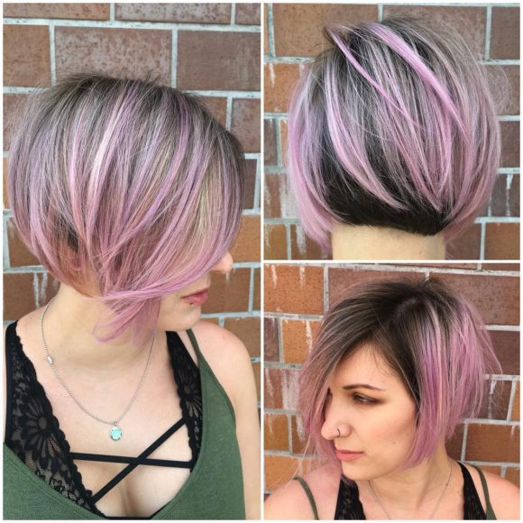 Angled Undercut Bob with Brunette and Pink Two Tone Color Paint Short Hairstyle