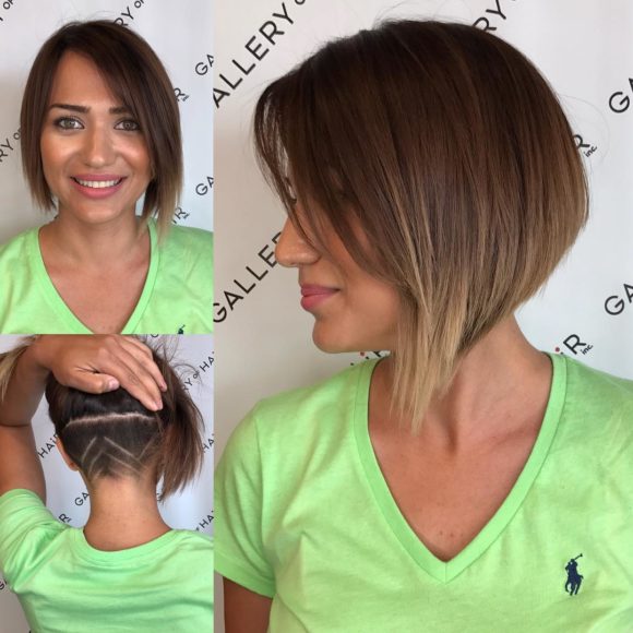 Asymmetric Inverted Bob with Side Swept Bangs and Undercut Shave Detail Short Hairstyle
