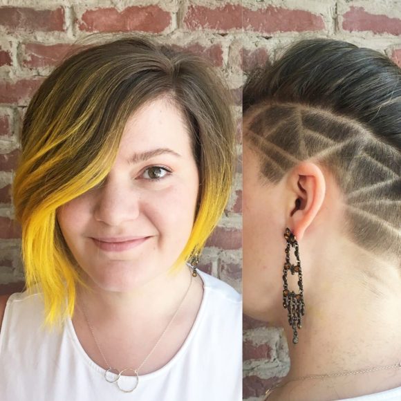 Asymmetric Undercut Bob with Shave Detail and Neon Yellow Ombre Short Hairstyle