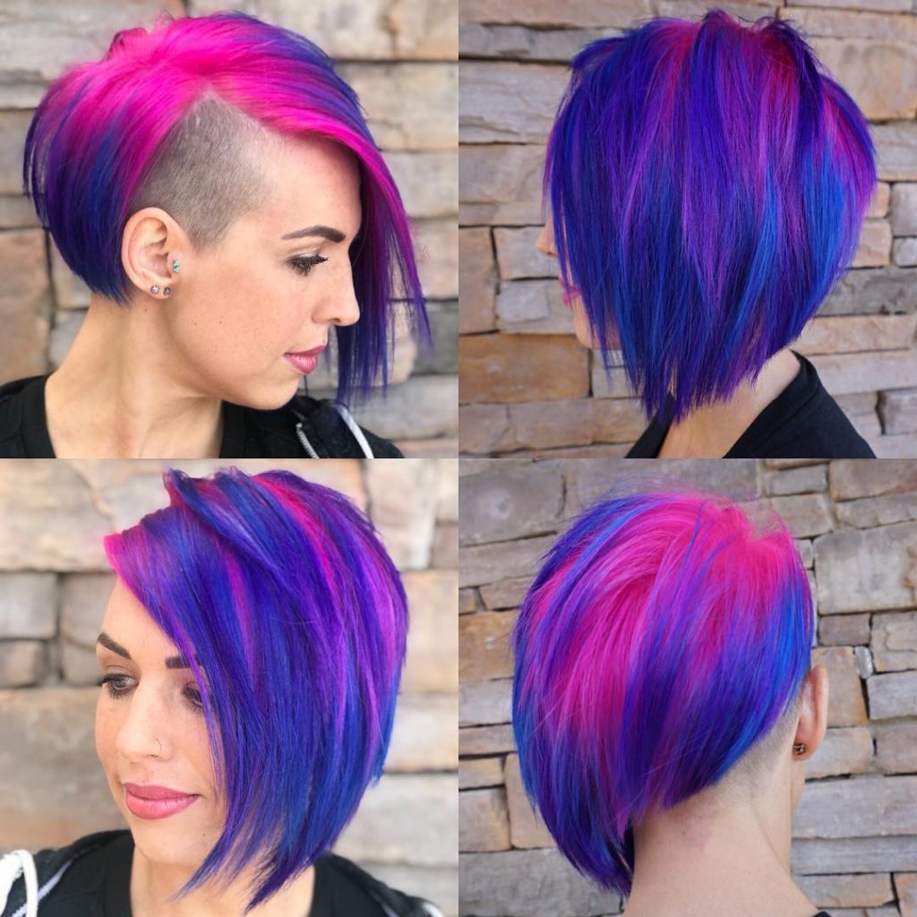 Asymmetrical Undercut with Side Swept Bangs and Vibrant Pink and Purple Color Short Hairstyle