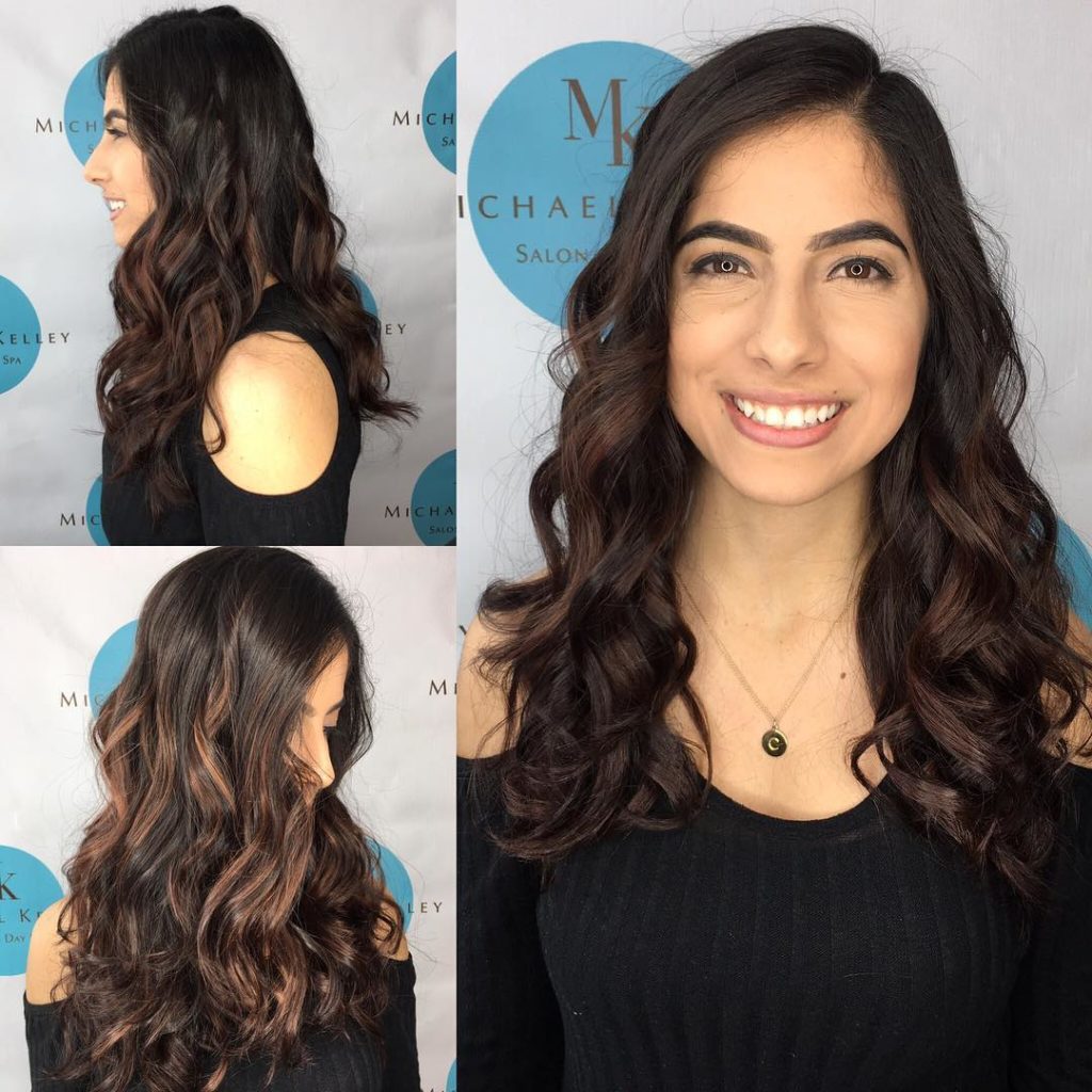 Beautiful Long Layered Cut with Curls and Dark Brunette Balayage Long Hairstyle