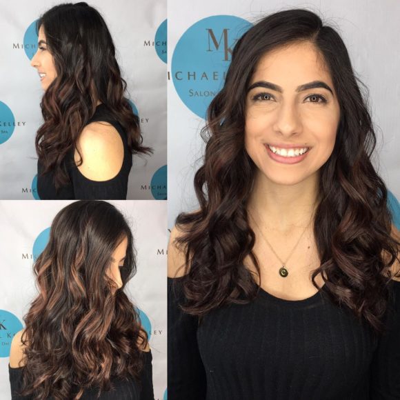 Beautiful Long Layered Cut with Curls and Dark Brunette Balayage