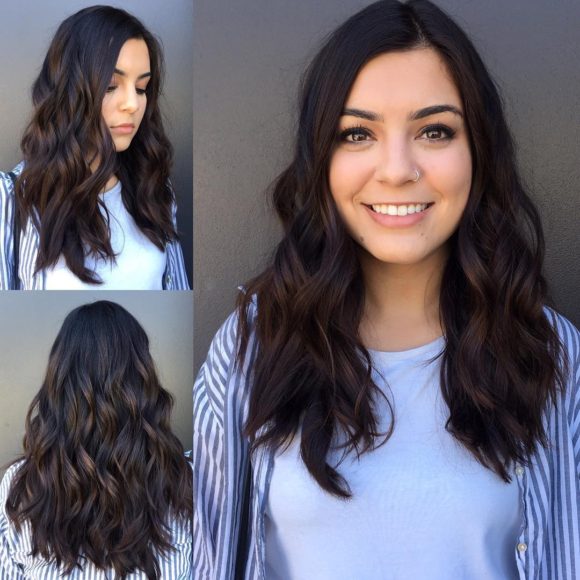 Beautiful Soft Layered Cut with Wavy Texture on Brunette Hair with Chocolate Highlights
