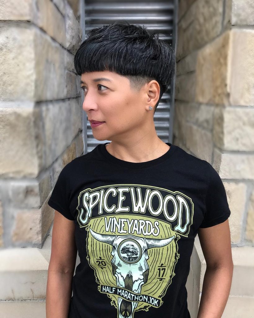 Black Bowl Cut with Undone Textured Layers and Fade Short Hairstyle