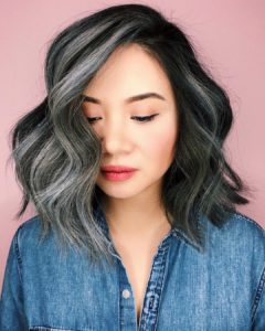 Black Layered Lob with Big Soft Waves and Smoky Grey Balayage Highlights Medium Length Hairstyle