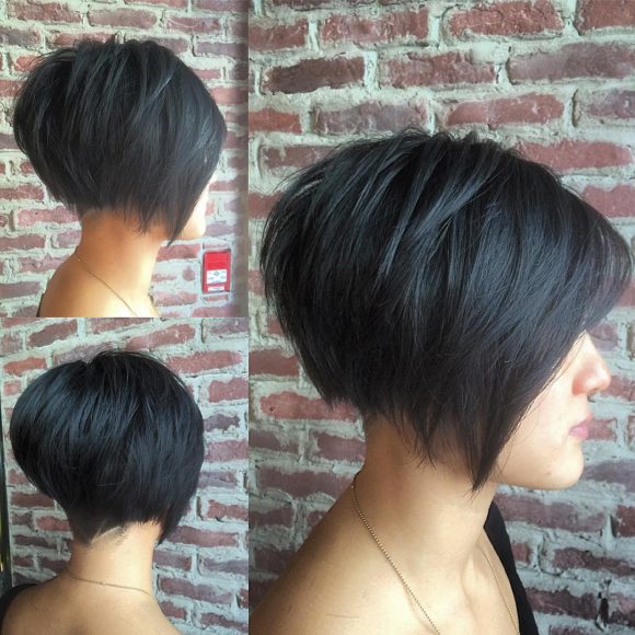Black Undercut Bob with Choppy Graduated Layers and Shaved Nape