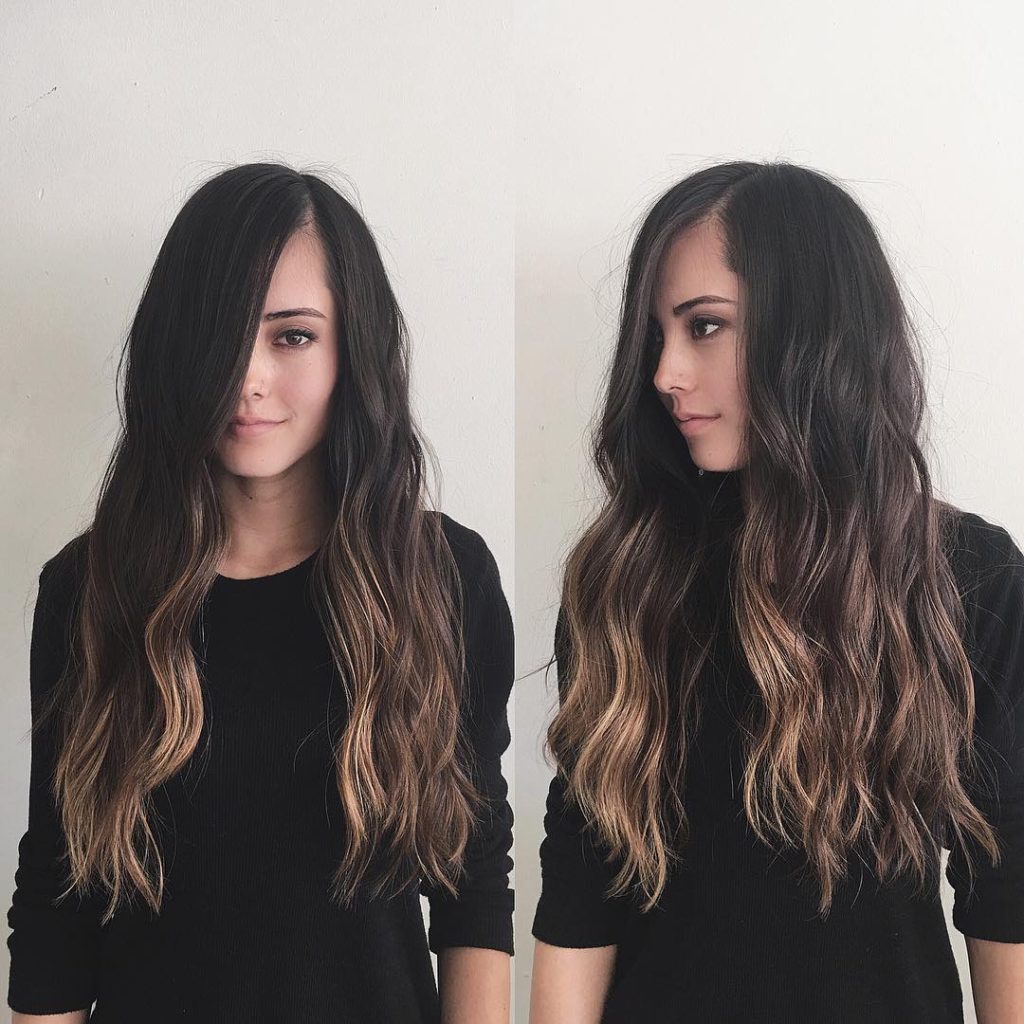 Blended Side Swept Layered Cut with Wavy Texture and Brunette Color Melt Ombre Long Hairstyle
