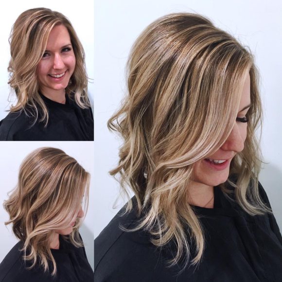 Undone Textured Lob with Long Side Swept Bangs and Pale Blonde Balayage  