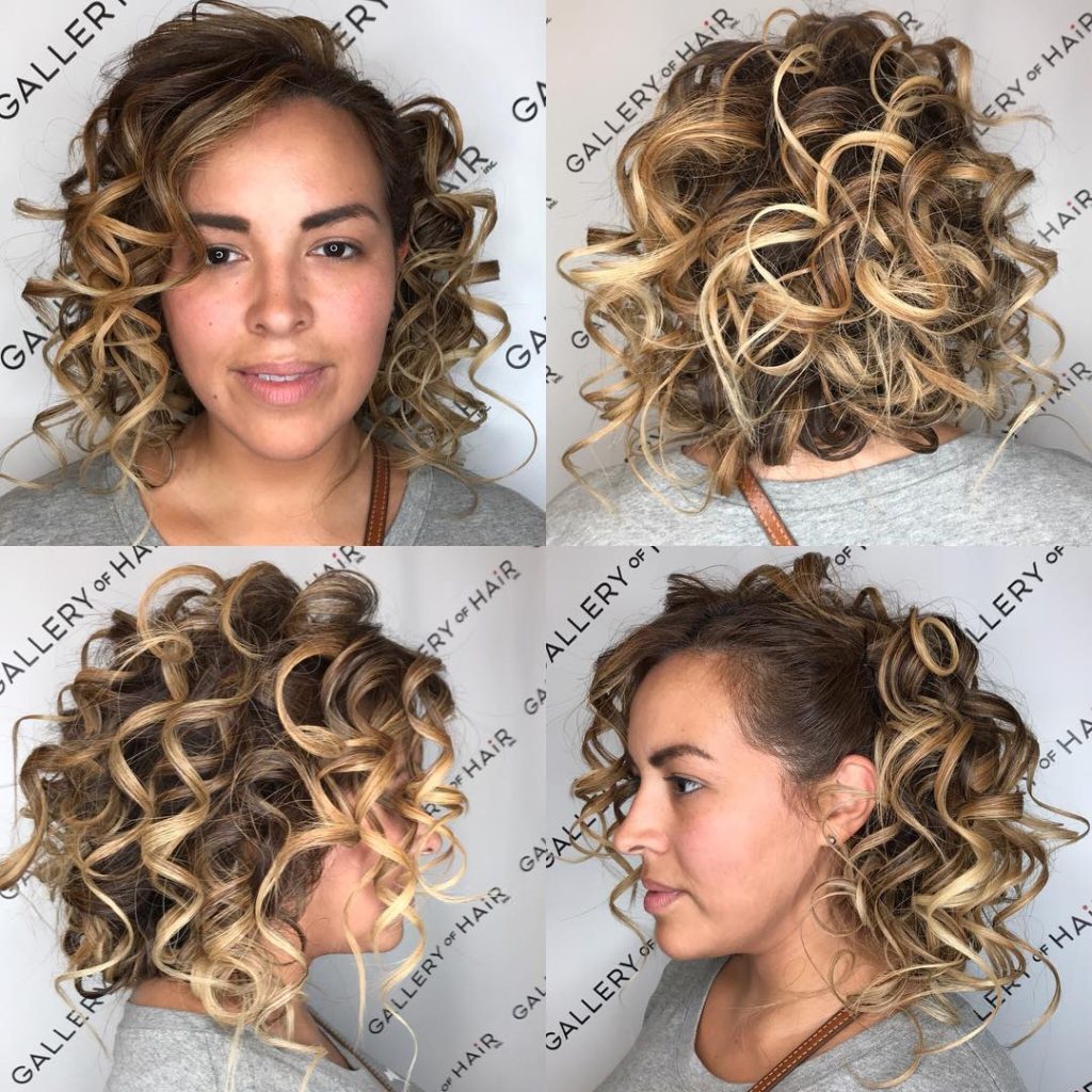 Blonde Back Pinned Curly Bob with Highlights Medium Length Hairstyle