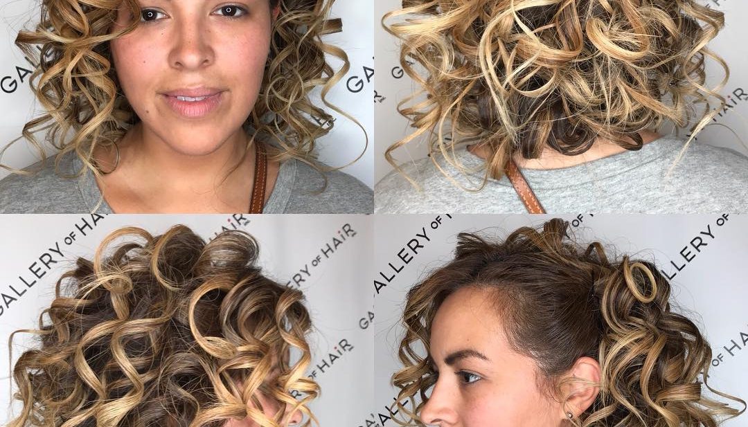 Blonde Back Pinned Curly Bob with Highlights Medium Length Hairstyle