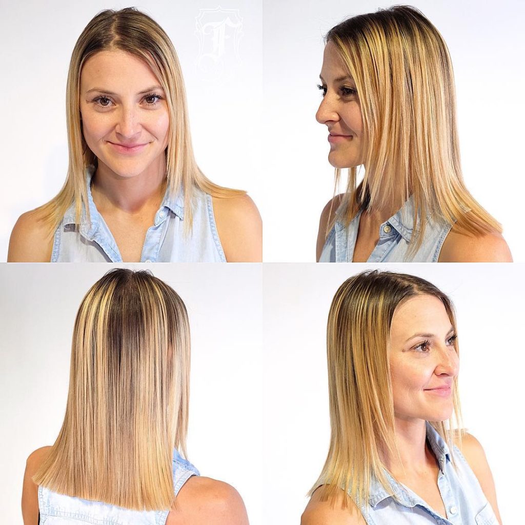 Blonde Blunt Cut with Face Framing Layers and Shadow Roots Medium Length Hairstyle