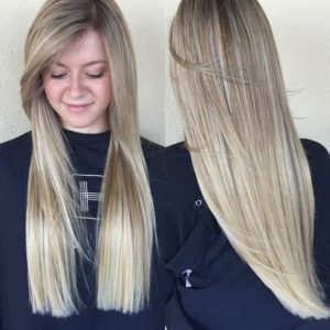 Blonde Blunt Cut with Long Side Swept Front Layers and Babylights Long Hairstyle