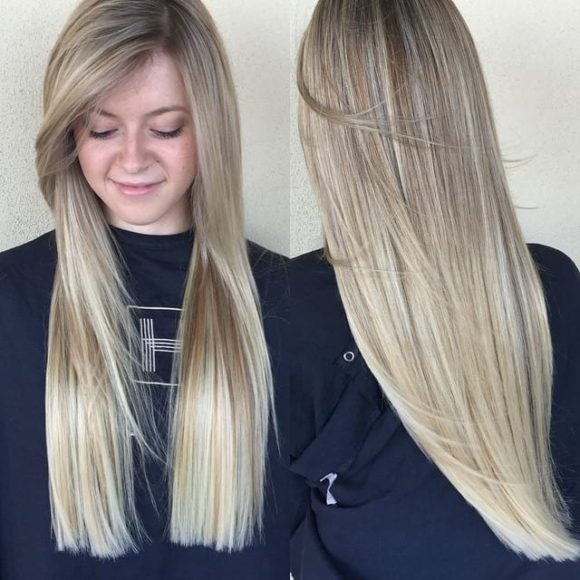 Blonde Blunt Cut with Long Side Swept Front Layers and Babylights
