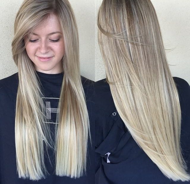 Blonde Blunt Cut with Long Side Swept Front Layers and Babylights Long Hairstyle