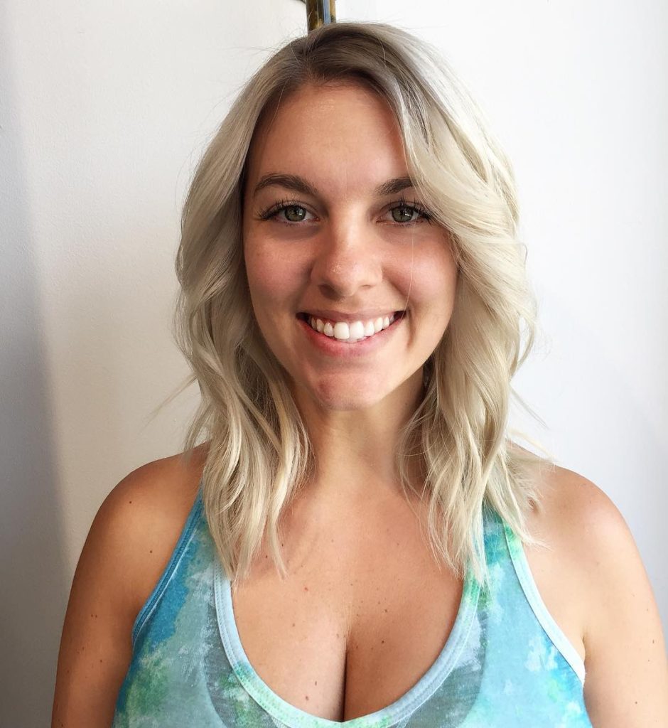 Blonde Layered Lob with Soft Waves and Smokey Shadow Roots Medium Length Hairstyle