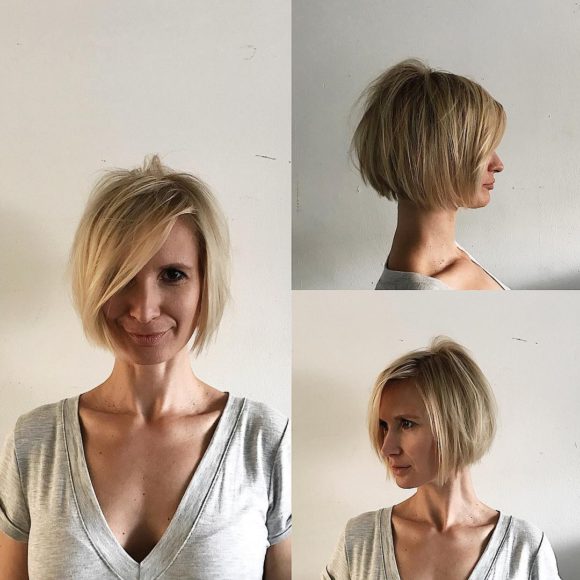 Blonde Shaped Bob with Messy Texture and Long Side Swept Bangs