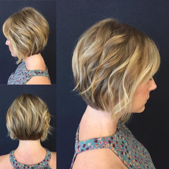 Blonde Stacked Angled Bob with Added Wavy Texture Short Hairstyle
