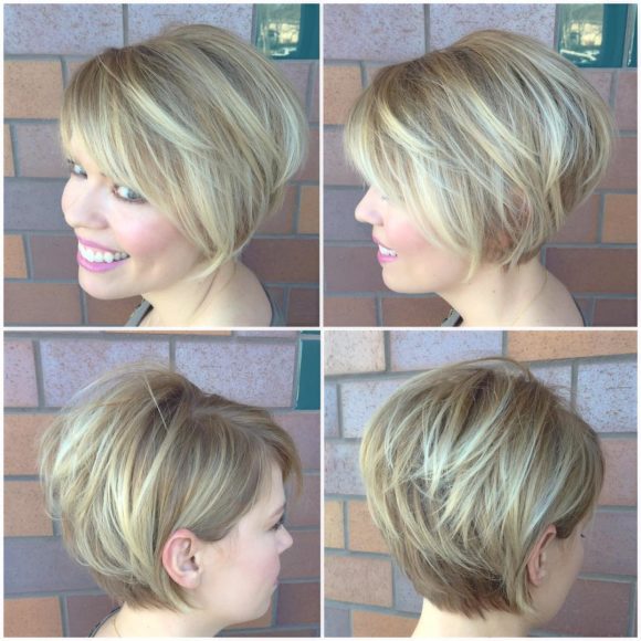 Blonde Stacked Bob with Side Swept Bangs and Highlights Short Hairstyle