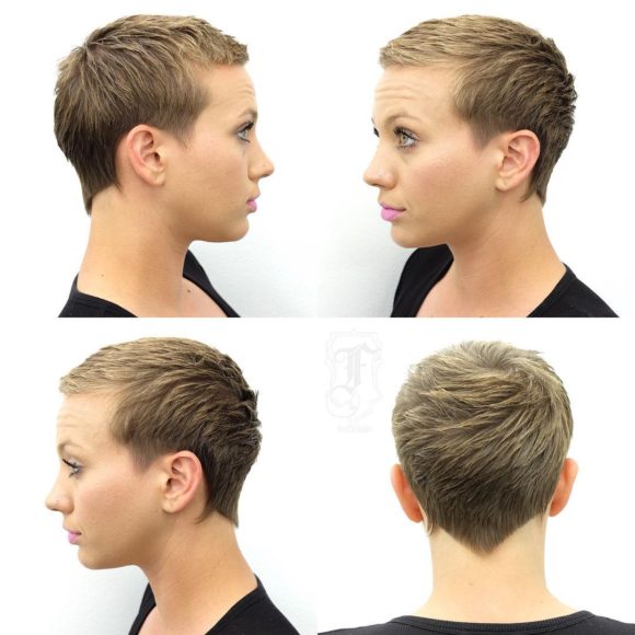 Blonde Textured Pixie Crop with Blunt Nape Lines and Fringe