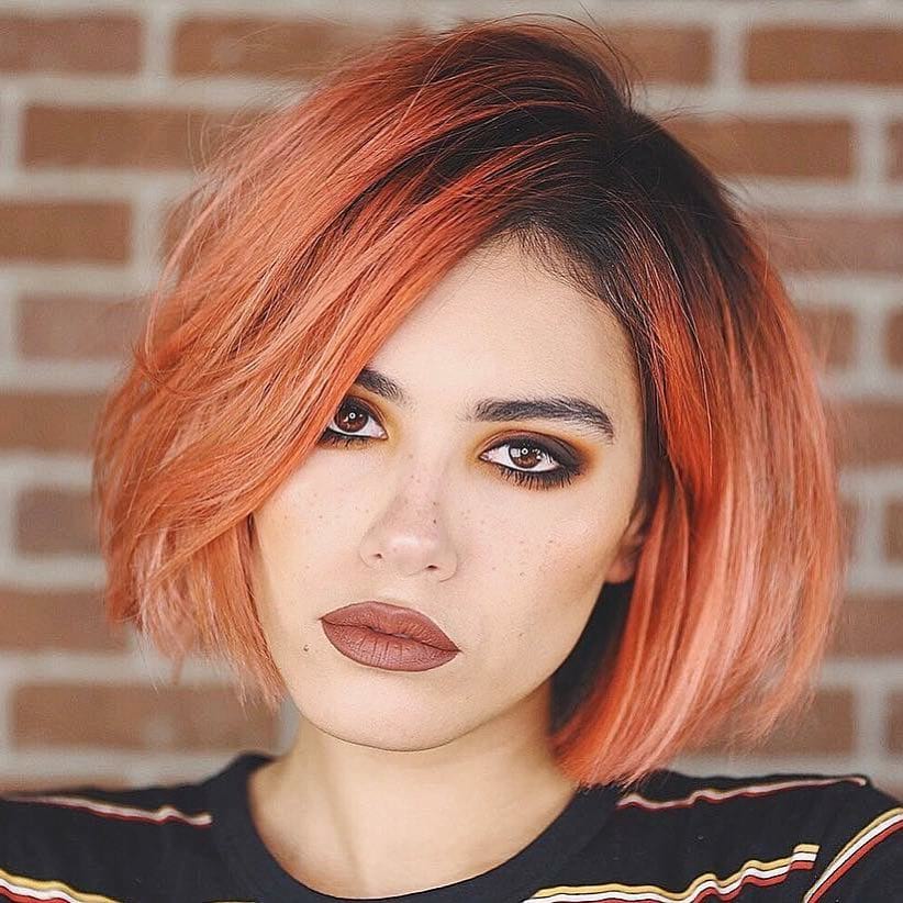 Blunt Blowout Bob with Deep Rose Gold Coloring and Shadow Roots Medium Length Hairstyle