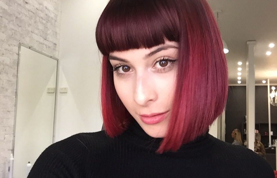 Blunt Collapsed Bob with Full Blunt Bangs and Burgundy Ombre Medium Length Hairstyle