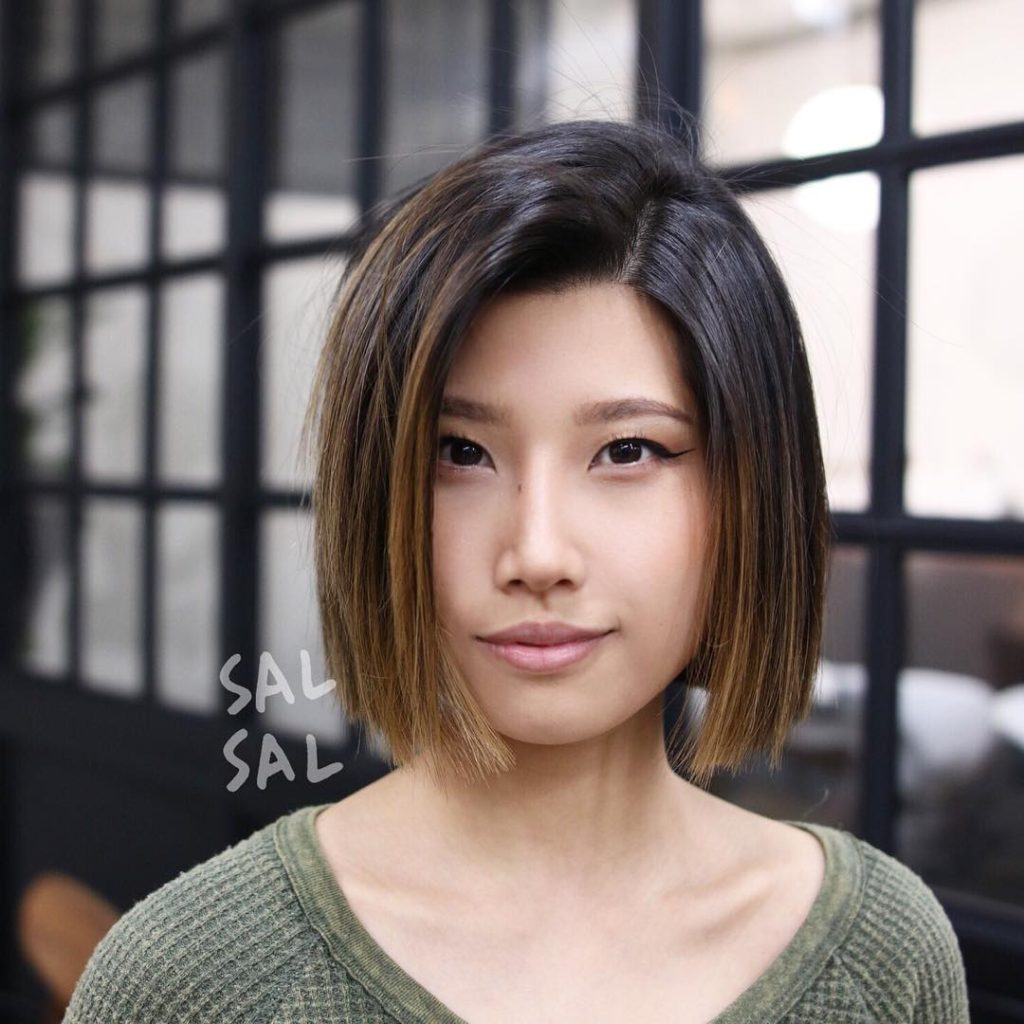 Blunt Cut Bob with Textured Ends and Brunette Balayage Medium Length Hairstyle