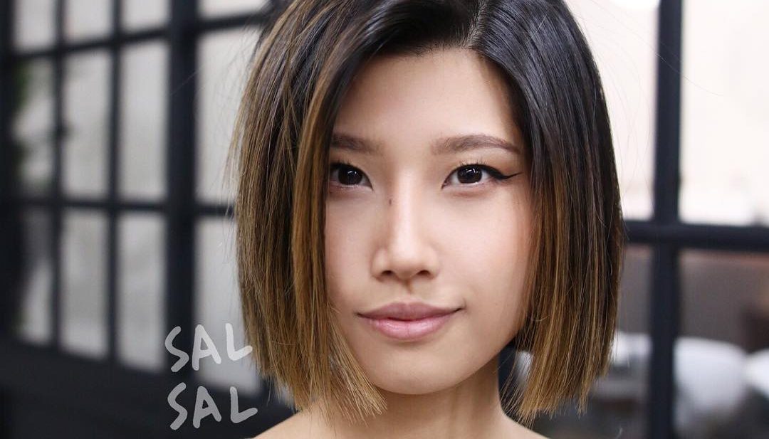 Blunt Cut Bob with Textured Ends and Brunette Balayage Medium Length Hairstyle