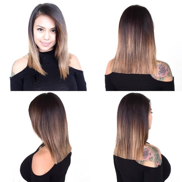 Blunt Lob with Front Layers and Brunette Ombre Medium Length Hairstyle