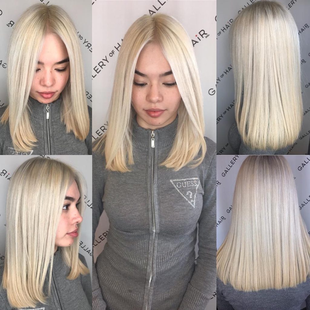 Blunt Platinum Blonde Lob with Center Part Medium Length Hairstyle