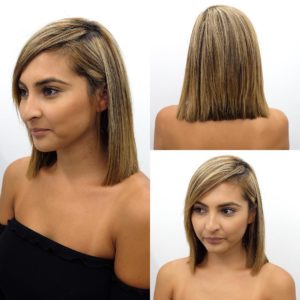 Blunt Shoulder Length Bob with Side Swept Bangs and Highlights Medium Length Hairstyle