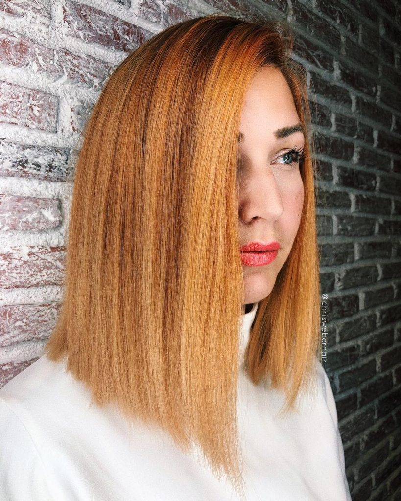 Blunt Side Parted Lob with Textured Ends and Bold Ginger Color Medium Length Hairstyle
