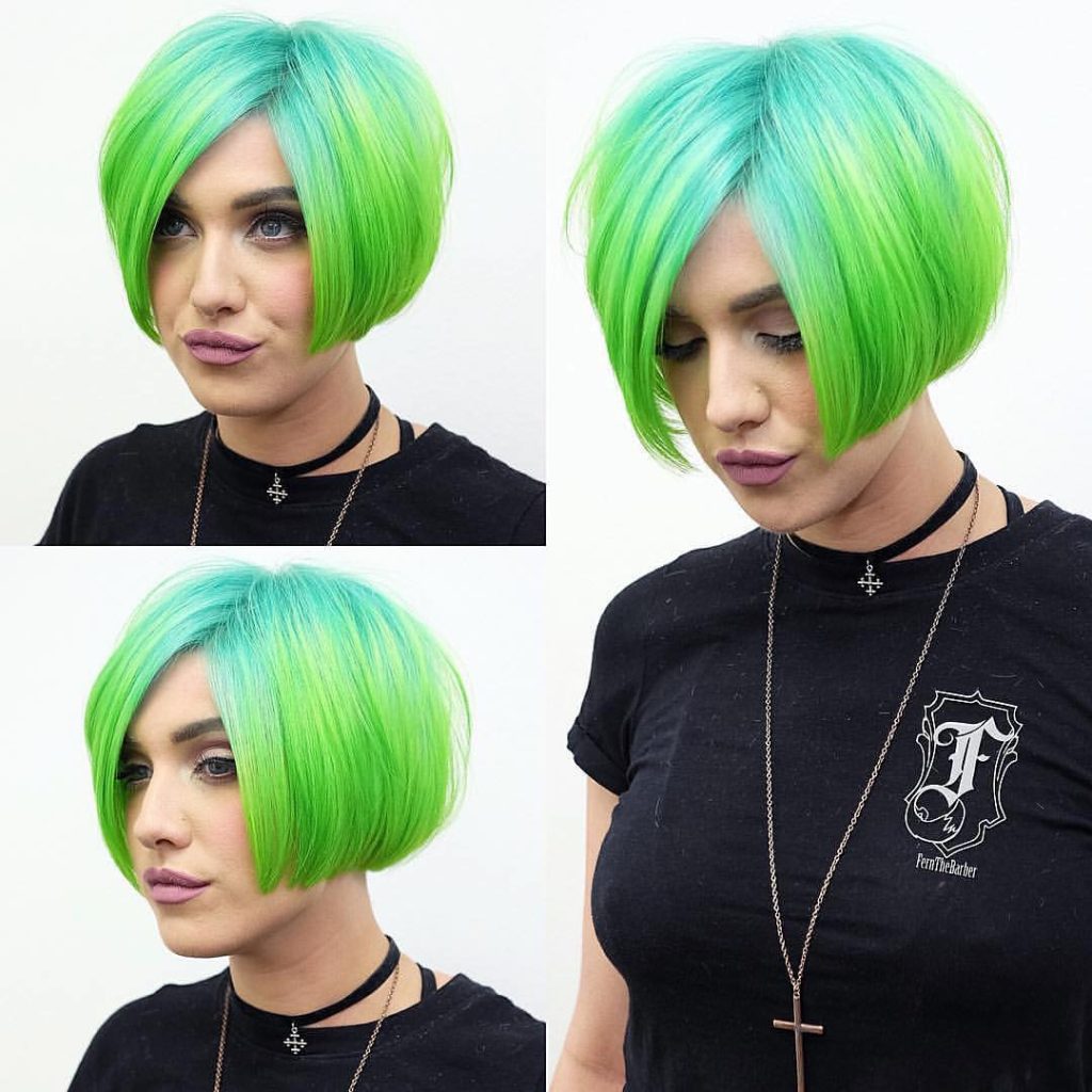 Blunt Undercut Box Bob with Neon Green Ombre Short Hairstyle