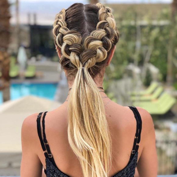Bohemian Double Dutch Braided Ponytail with Blonde Balayage Hair Color Beach Braid Updo Summer Hairstyle