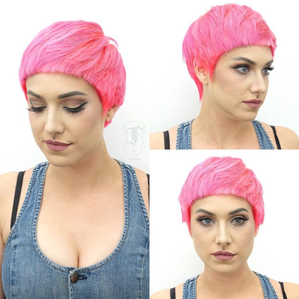 Bold Textured Pink Pixie with Rounded Blunt Face Framing Lines Short Hairstyle