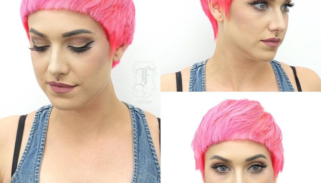 Bold Textured Pink Pixie with Rounded Blunt Face Framing Lines Short Hairstyle
