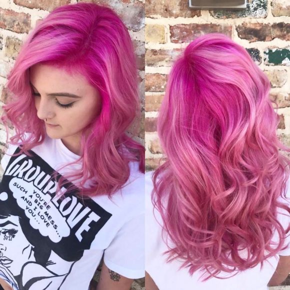 Bright Pink Layered Cut with Waterfall Waves and Soft Pink Highlights