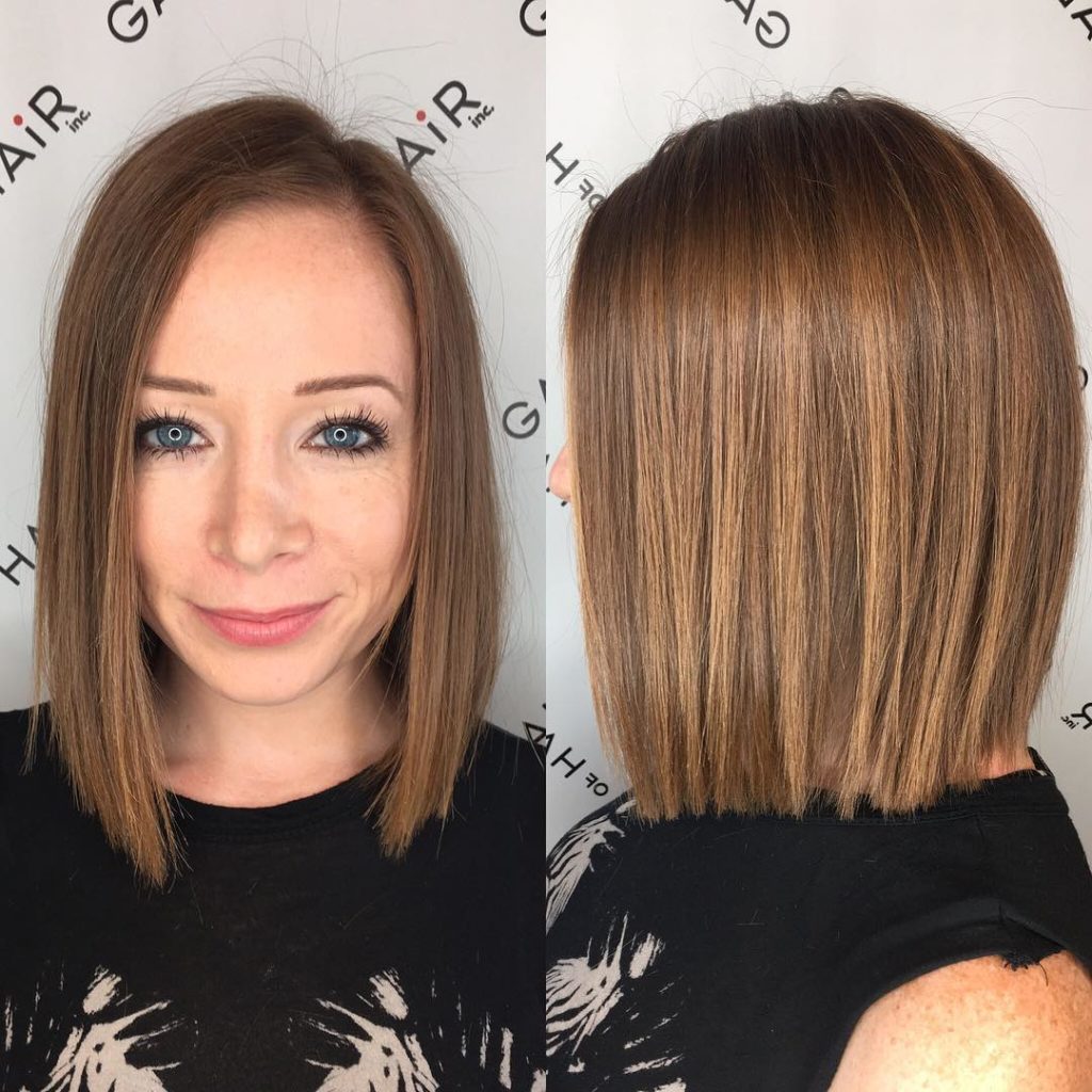 Blunt Bronze Shoulder Length Bob with Textured Ends and Side Part Medium Length Hairstyle