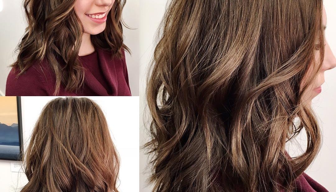 Brown Soft Layered Lob with Waves and Center Part Medium Length Hairstyle