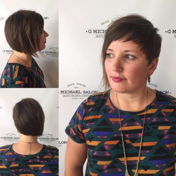 Brunette Asymmetric Pixie with Textured Fringe and Blunt Edges Short Hairstyle