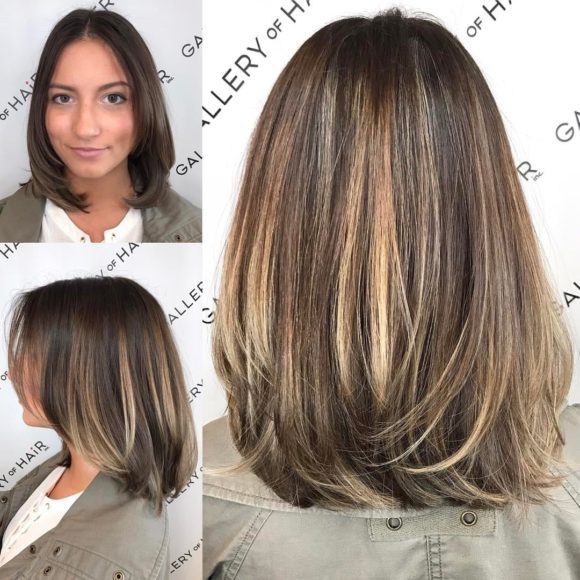 Brunette Layered Blowout Bob with Face Framing Layers and Color Melt Balayage Medium Length Hairstyle