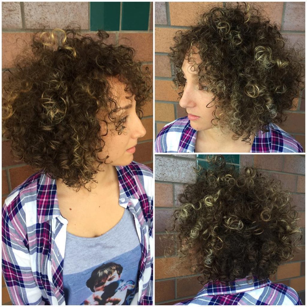 Brunette Layered Bob with Bouncy Corkscrew Curls and Blonde Highlights Medium Length Hairstyle