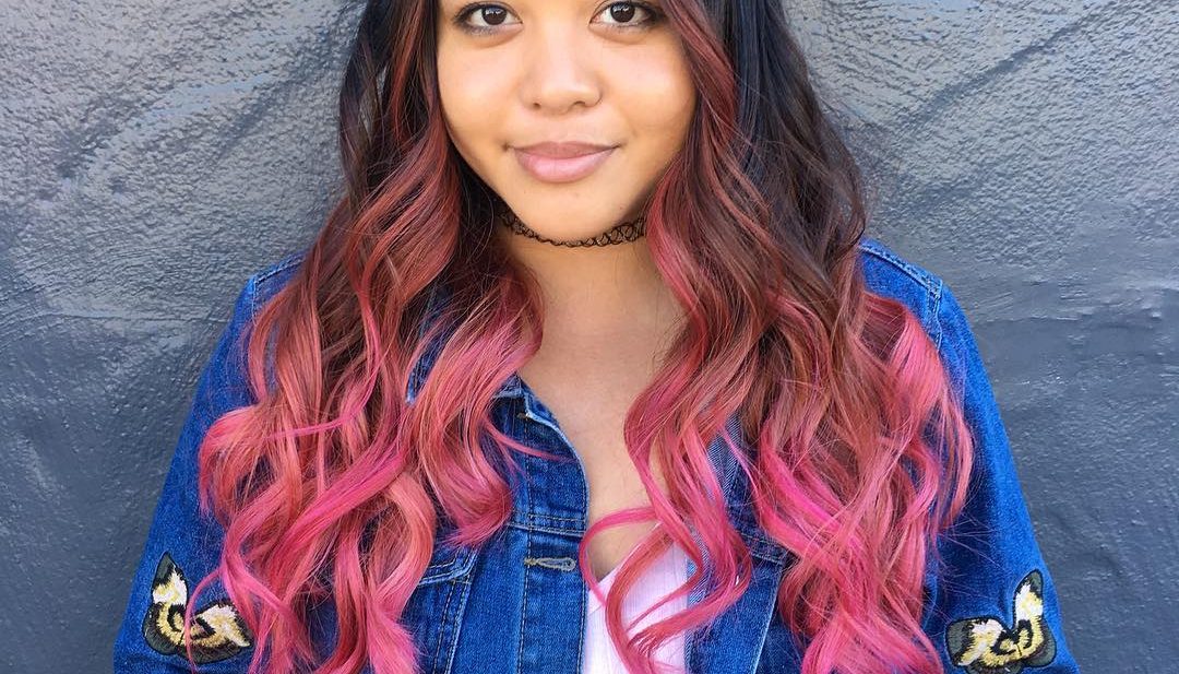 Brunette Layered Cut with Waves and Pink Color Melt Ombre Long Hairstyle