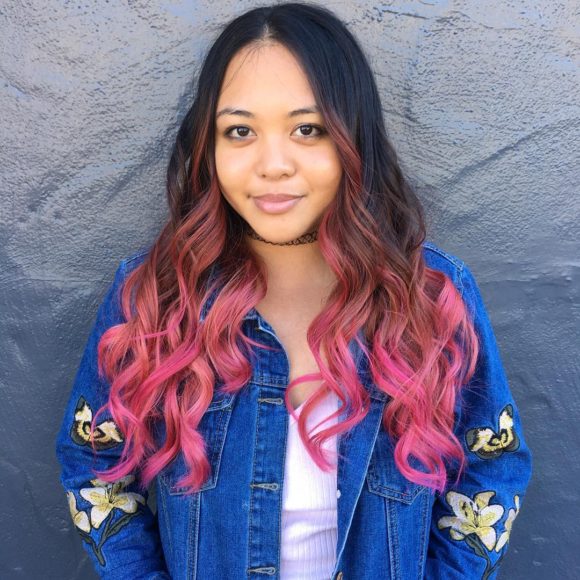 Brunette Layered Cut with Waves and Pink Color Melt Ombre