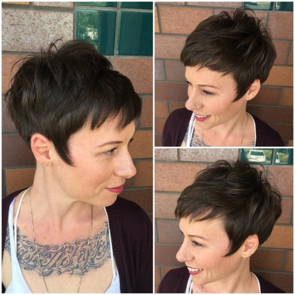 Brunette Messy Textured Fringe Pixie with Wispy Sideburns Short Hairstyle