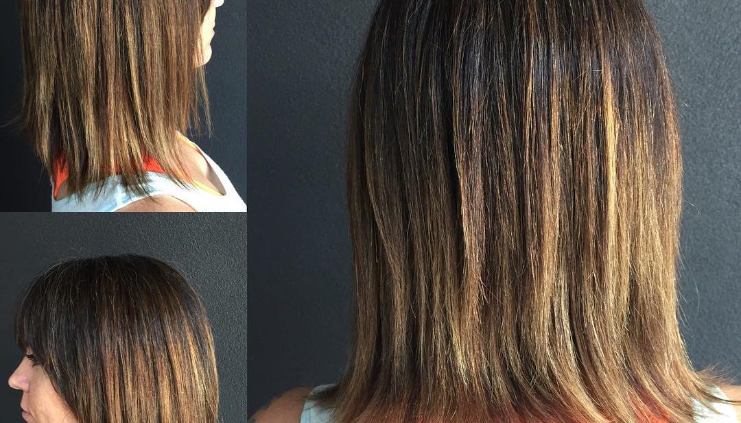 Textured Razor Cut Bob with Brow Skimming Bangs and Brunette Ombre Coloring Medium Length Hairstyle